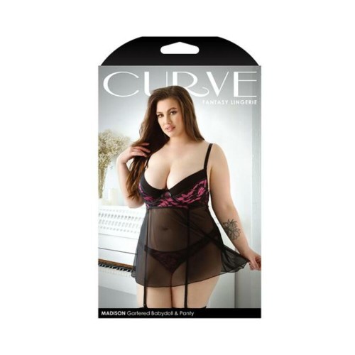 Curve Madison Gartered Lace And Mesh Babydoll With Underwire Cups & Matching Panty 3x/4x Black/pink Curve Madison Gartered Lace And Mesh Babydoll With Underwire Cups & Matching Panty 3x/4x Black/pink