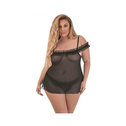 Magic Silk Ruffled Flyaway Babydoll & Split-crotch Thong Black Queen Magic Silk Ruffled Flyaway Babydoll & Split-crotch Thong Black Queen