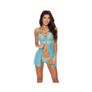 Strappy Lace & Mesh Babydoll W/g-string - Turquoise Md