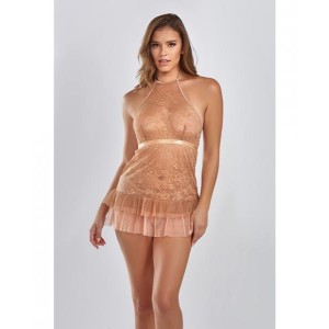 Amber Halter Lace Babydoll W/tiered Pleated Mesh Skirt Hem & G-string Brown Sm Amber Halter Lace Babydoll W/tiered Pleated Mesh Skirt Hem & G-string Brown Sm