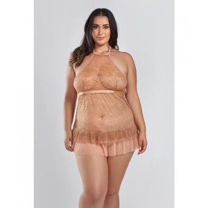 Amber Halter Lace Babydoll W/tiered Pleated Mesh Skirt Hem & G-string Brown 3x Amber Halter Lace Babydoll W/tiered Pleated Mesh Skirt Hem & G-string Brown 3x