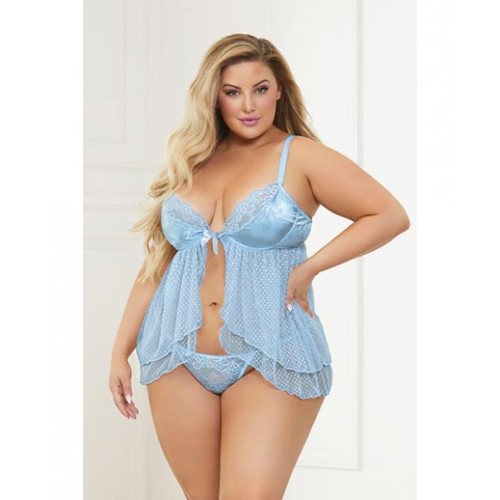 Satin Jacquard Dot Mesh Scallop Lace Babydoll & G-string Blue 1x/2x
