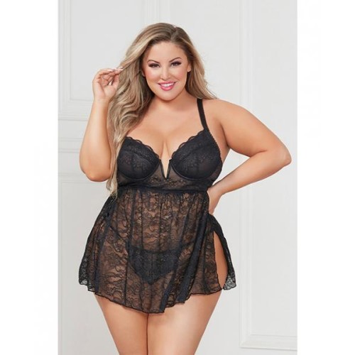 Stretch Lace Babydoll W/underwire Cups & G-string Black 1x/2x