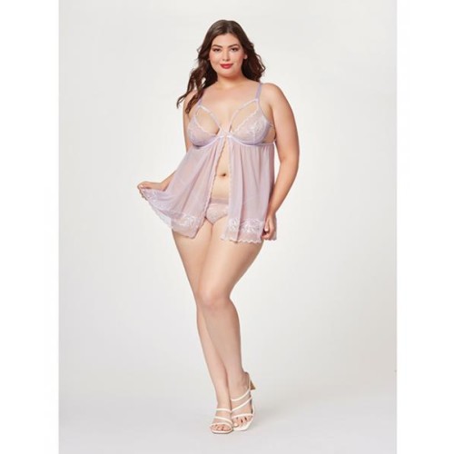 Sheer Mesh & Lace Demi Cup Babydoll & Thong Lavender 3x/4x