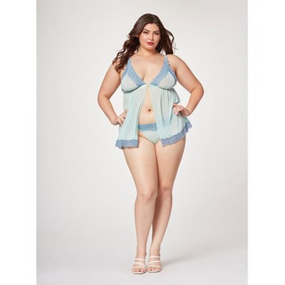 Lace & Mesh Triangle Cup Babydoll & Thong Blue 3x/4x