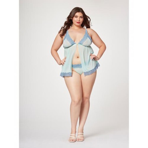 Lace & Mesh Triangle Cup Babydoll & Thong Blue 3x/4x Lace & Mesh Triangle Cup Babydoll & Thong Blue 3x/4x