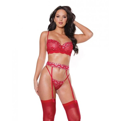 Holiday Metallic Stretch Lace Underwire Bra, Garter Belt & G-string Red/silver Md Holiday Metallic Stretch Lace Underwire Bra, Garter Belt & G-string Red/silver Md