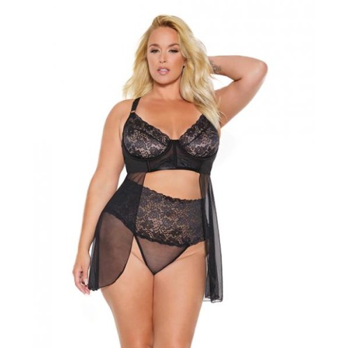 Scallop Stretch Lace & Sheer Mesh Babydoll & High Waist Thong Black 3x/4x Scallop Stretch Lace & Sheer Mesh Babydoll & High Waist Thong Black 3x/4x