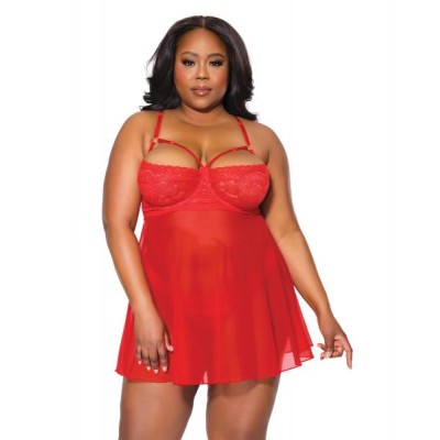 Holiday Scallop Stretch Lace & Mesh Babydoll & Thong Red/gold 3x/4x Holiday Scallop Stretch Lace & Mesh Babydoll & Thong Red/gold 3x/4x