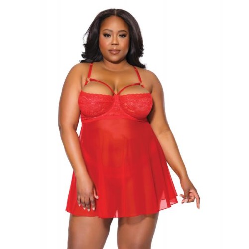 Holiday Scallop Stretch Lace & Mesh Babydoll & Thong Red/gold 3x/4x Holiday Scallop Stretch Lace & Mesh Babydoll & Thong Red/gold 3x/4x