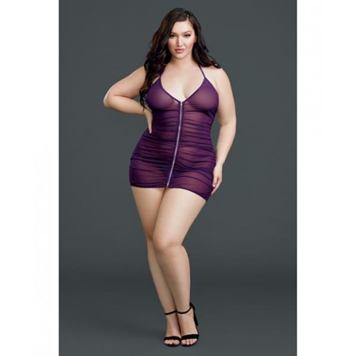 Ruched Front Zipper Chemise with G-String Plum Qn Ruched Front Zipper Chemise with G-String Plum Qn
