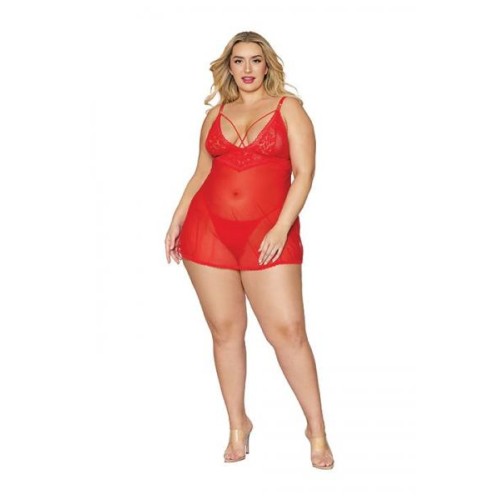 Lace & Mesh Babydoll & G- String Set Lipstick Red Q/s Lace & Mesh Babydoll & G- String Set Lipstick Red Q/s