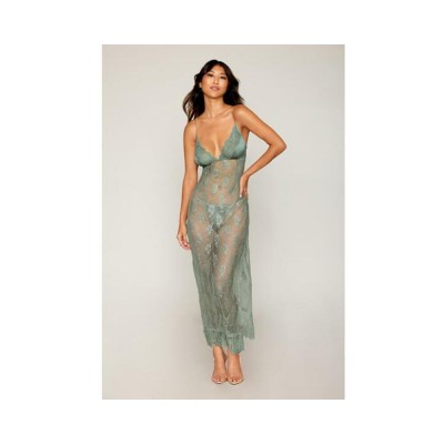Eyelash Lace & Satin Long Chemise W/g-string - Sage Green Sm Eyelash Lace & Satin Long Chemise W/g-string - Sage Green Sm