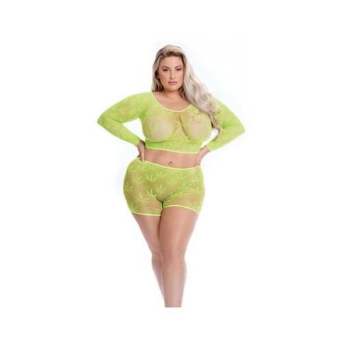 Pink Lipstick Leaf It To Me Long Sleeve Crop Top & Short Green Qn Pink Lipstick Leaf It To Me Long Sleeve Crop Top & Short Green Qn