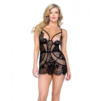 Femme Fatale Scalloped Eyelash Lace & Mesh Chemise & Thong Black Md Femme Fatale Scalloped Eyelash Lace & Mesh Chemise & Thong Black Md
