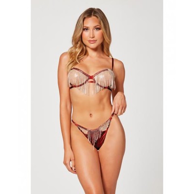 Holiday Rhinestone Bra W/underwire Open Cup & G-string Wine S/m