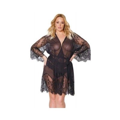 Holiday Eyelash Lace Robe W/bell Sleeves Black Os/xl Holiday Eyelash Lace Robe W/bell Sleeves Black Os/xl