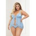 Satin Jacquard Dot Mesh Scallop Lace Babydoll & G-string Blue 1x/2x