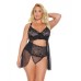 Scallop Stretch Lace & Sheer Mesh Babydoll & High Waist Thong Black 1x/2x